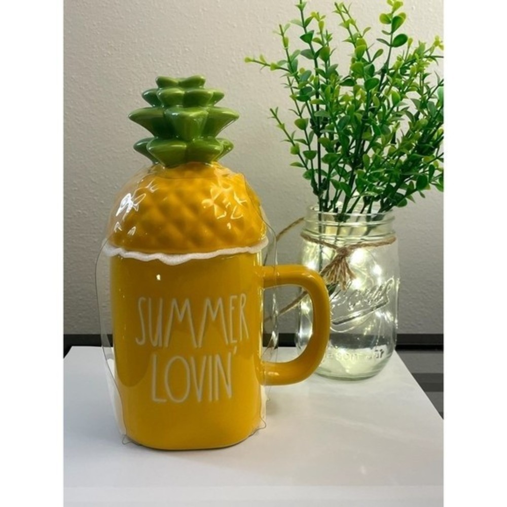 Rae Dunn SUMMER LOVIN' Coffee Mug Pineapple Topper Lid Yellow Tropical LL *NWT*